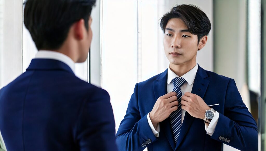 Firefly-young-Japanese-man-adjusting-tie-in-mirror-wearing-navy-formal-suit-bright-clean-room-morn-1024x585 成人式スーツ徹底ガイド2026 - 失敗しない選び方・トレンド・準備完全版