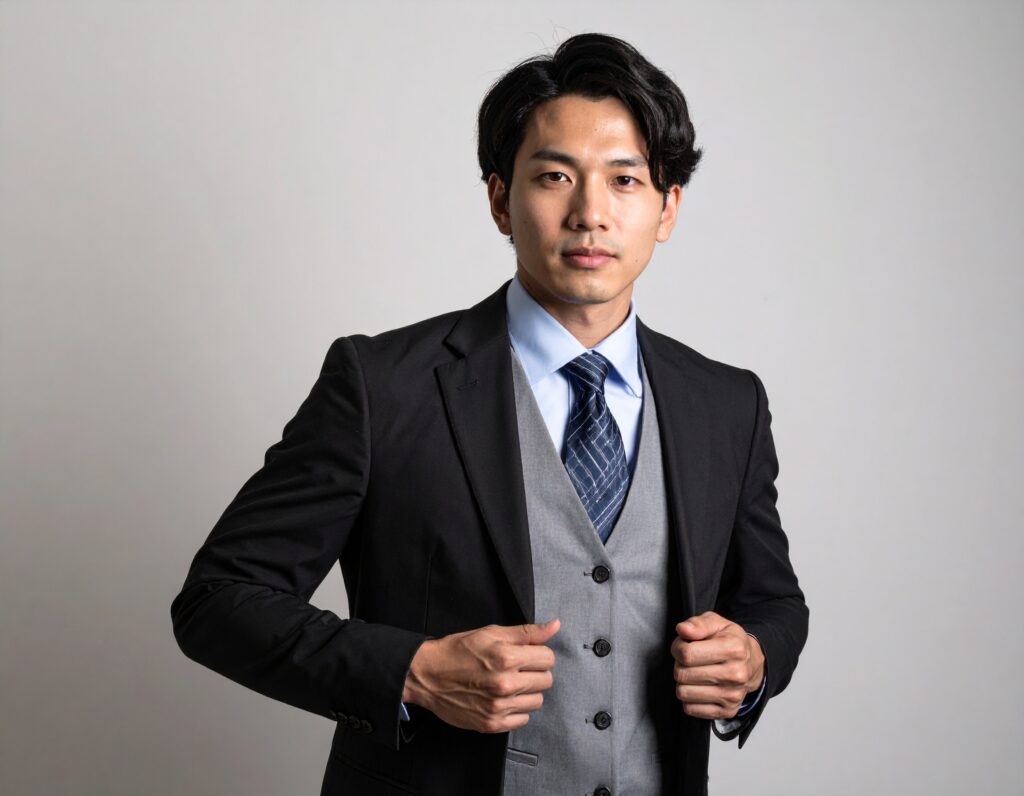 Firefly_young-Japanese-man-wearing-a-black-formal-suit-with-a-plain-gray-vest-light-blue-or-653126-1024x796 成人式スーツ徹底ガイド2026 - 失敗しない選び方・トレンド・準備完全版