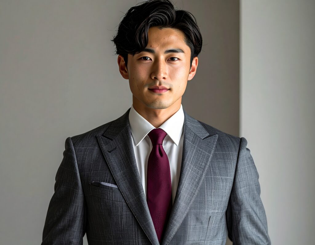Firefly_young-Japanese-man-wearing-a-gray-formal-suit-with-a-white-dress-shirt-and-a-burgundy-653126-1-1024x796 成人式スーツ徹底ガイド2026 - 失敗しない選び方・トレンド・準備完全版
